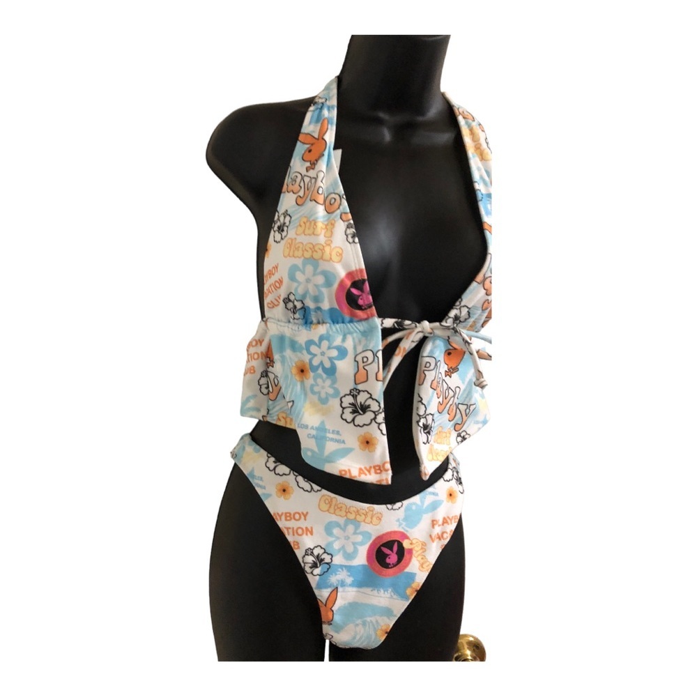 Playboy by PacSun halter front tie terry cloth monogram bunny bikini size Small